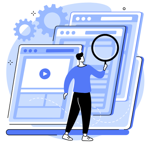 Illustration of a person auditing CureLink web pages with a magnifying glass for SEO optimisation