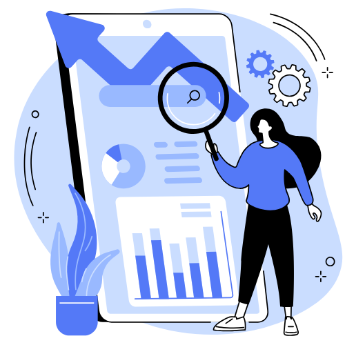 Woman analysing CureLink website traffic on a mobile screen with upward growth arrow